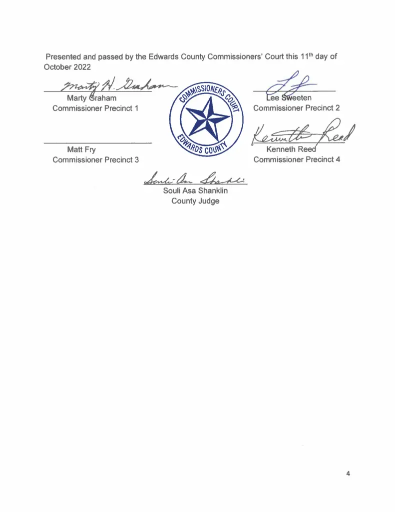 Signature page of the Edwards County resolution with commissioners' signatures and the Commissioners' Court seal, October 2022.