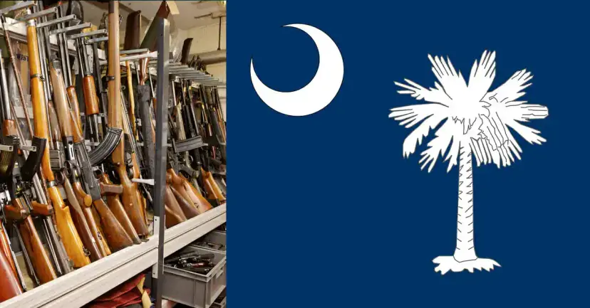 A rack of rifles in a gun store beside the blue South Carolina flag with a palmetto and crescent.