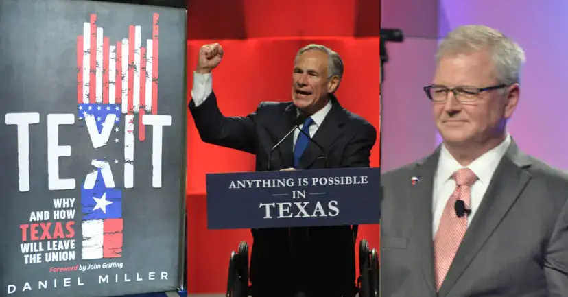 The TEXIT book cover beside a man at an Anything Is Possible in Texas podium and a smiling man