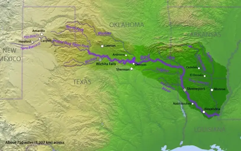 Map of the Red River basin across Texas, Oklahoma, Arkansas and Louisiana, with the river traced in purple.