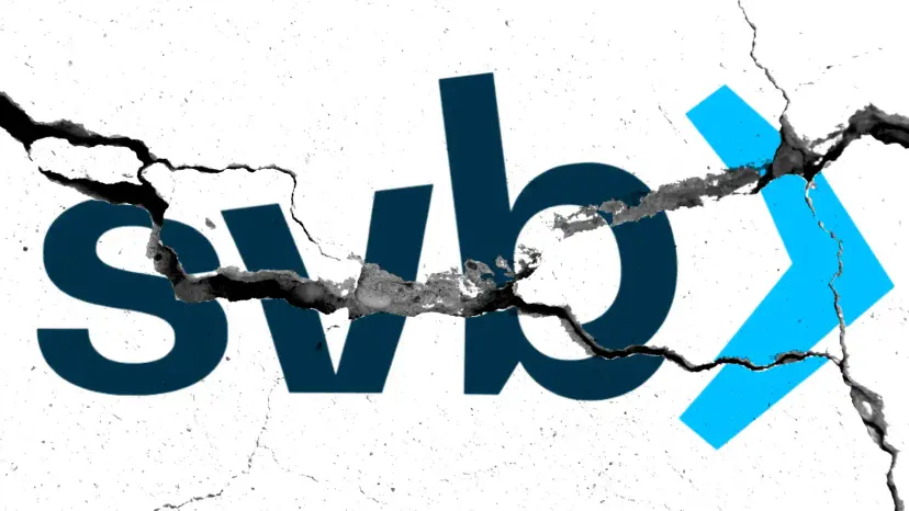 Silicon Valley Bank 'svb' logo split by deep cracks on a white background