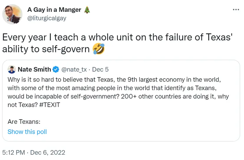 Tweet quoting a Nate Smith TEXIT poll, saying the poster teaches a unit on Texas failing to self-govern