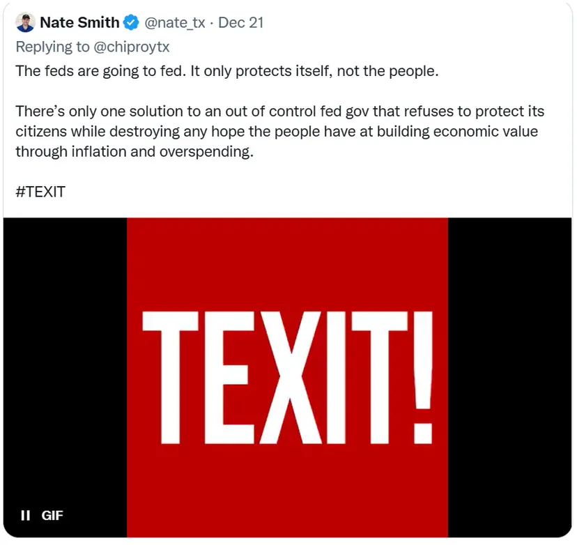 Tweet by Nate Smith replying to Chip Roy calling for TEXIT, with a red and black 'TEXIT!' GIF