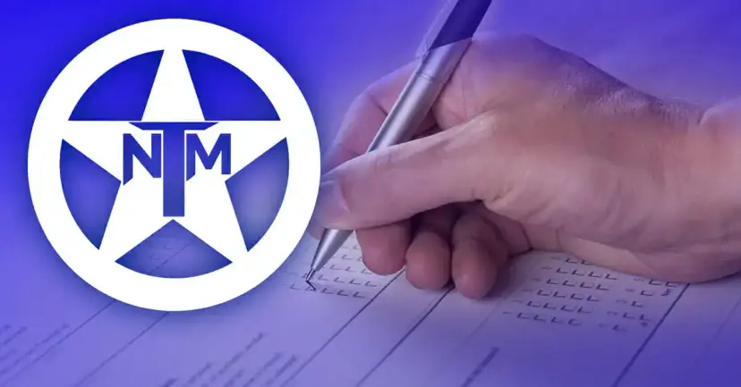 White TNM star logo on a blue background beside a hand filling out a paper survey with a pen.