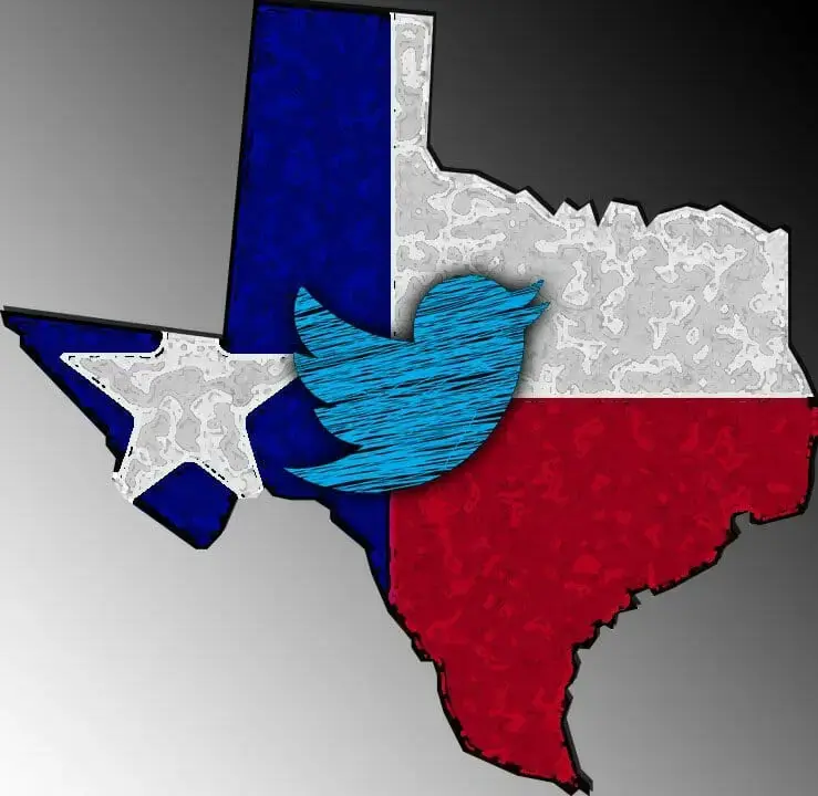 Twitter bird logo over a map of Texas filled with Texas flag colors.