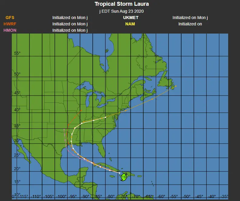 Tropical Storm Laura forecast model tracks dated Sunday, August 23, 2020, showing paths toward the Gulf Coast.