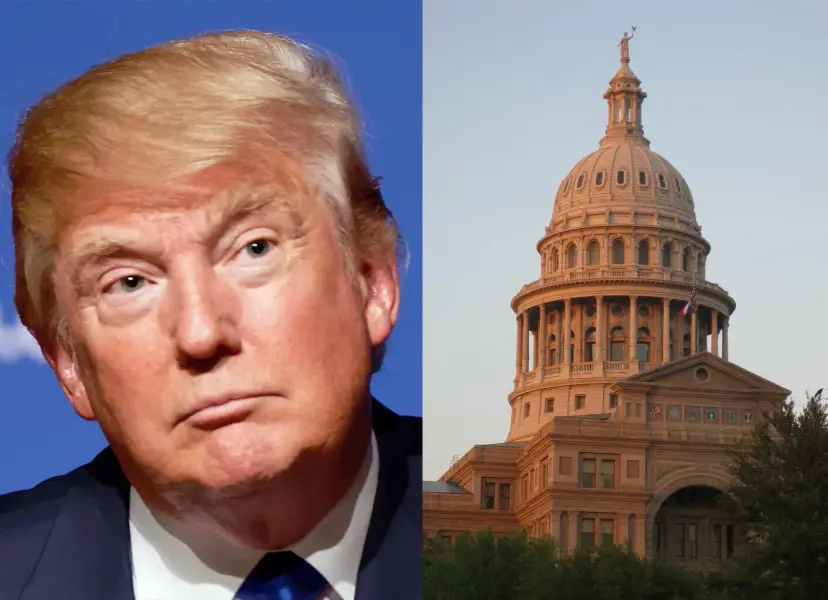 Side-by-side photos of Donald Trump and the dome of the Texas State Capitol at sunset.
