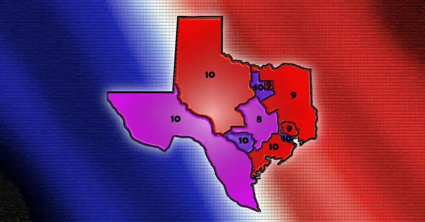 Map of Texas divided into numbered regions in red and purple over a red, white and blue background.
