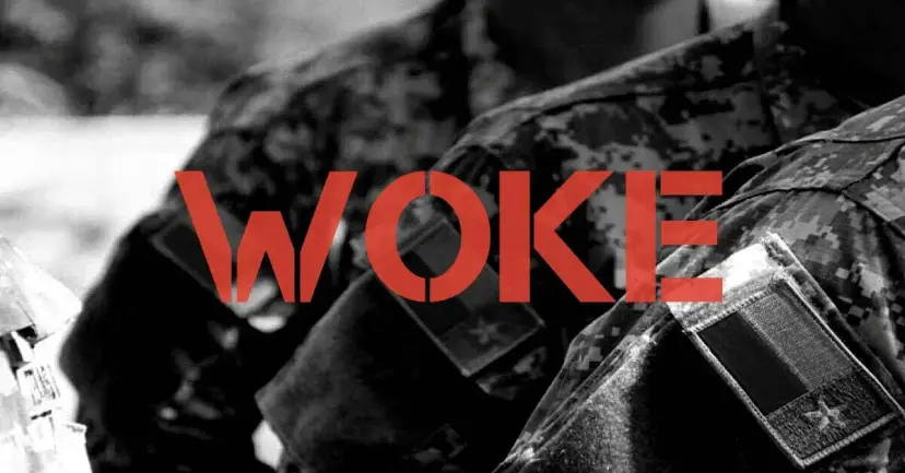 The word 'WOKE' in red over a black and white photo of a soldier's camouflage uniform and patch.