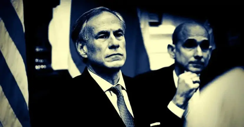Black and white photo of Governor Greg Abbott looking stern, with another man in a suit behind him.