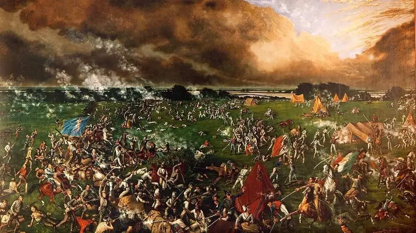 A painting of the Battle of San Jacinto, with soldiers and horses fighting across a green field under dark smoke.