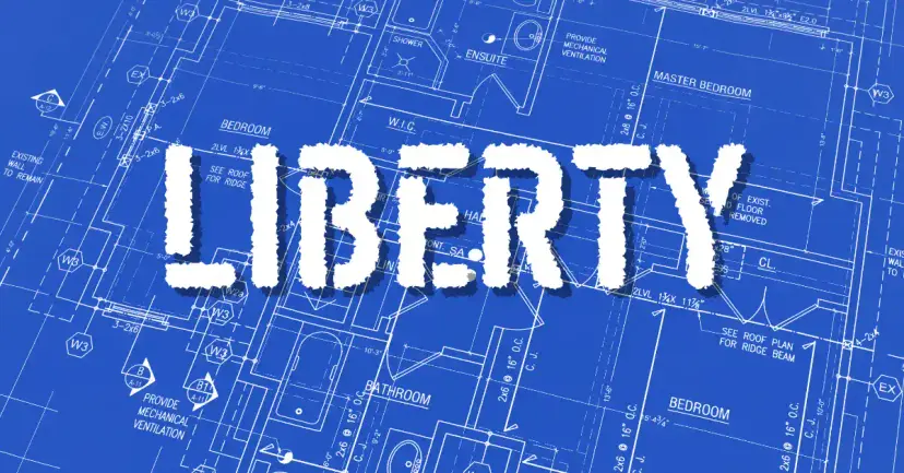 The word 'Liberty' in white stencil letters over a blue architectural blueprint.