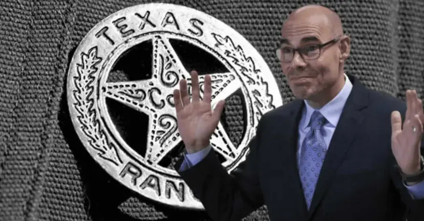 Photo illustration of Speaker Dennis Bonnen raising both hands in front of a large Texas Rangers badge.