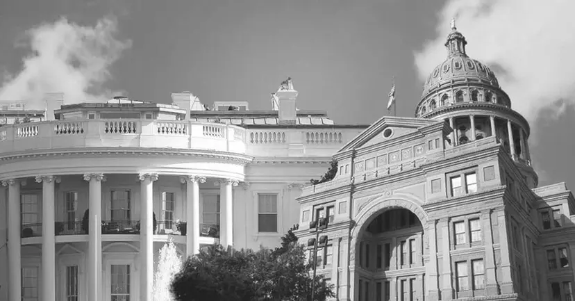 Black-and-white composite of the White House beside the Texas State Capitol building.