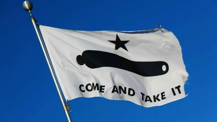 The white 'Come and Take It' flag with a black cannon and star, flying against a blue sky.