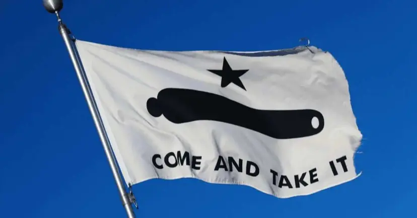 A white 'Come and Take It' flag with a black cannon and star flying against a blue sky.