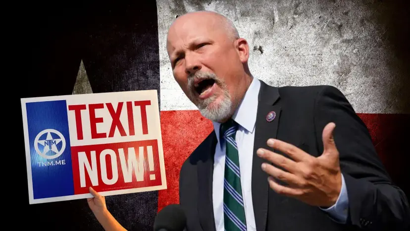 Photo illustration of Congressman Chip Roy speaking beside a 'TEXIT NOW!' sign over a Texas flag.