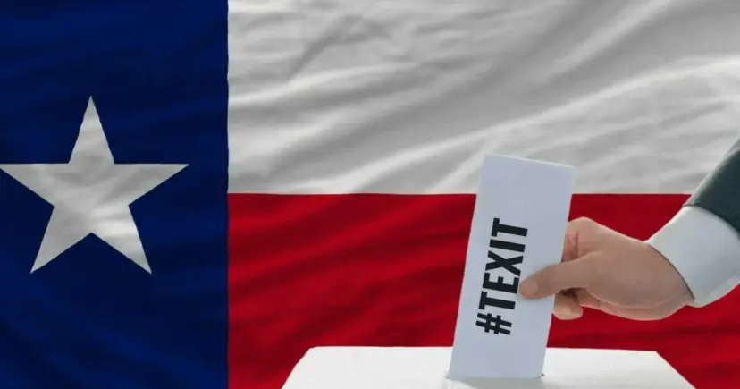 Hand dropping a ballot marked 'TEXIT' into a box in front of a Texas flag
