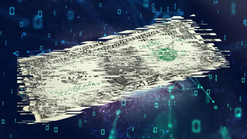 A U.S. dollar bill breaking apart into digital glitches against a dark background of binary code.
