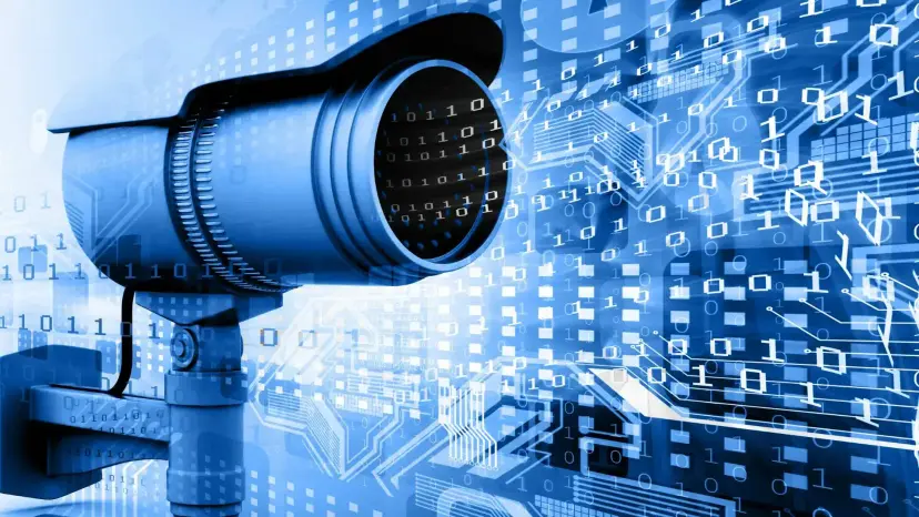 Security camera set against a blue background of binary code and circuit patterns.
