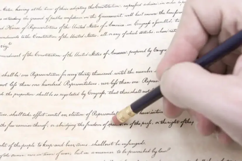 Hand holding a pencil over a handwritten copy of proposed amendments to the Constitution.