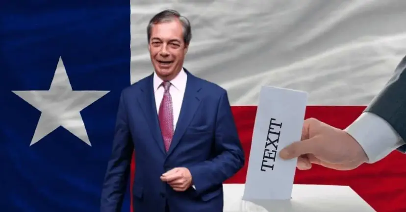A smiling man in a suit before a Texas flag as a hand casts a ballot marked 'TEXIT.'