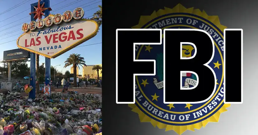 Split image of the Welcome to Las Vegas sign with a flower memorial beside the FBI seal and letters.