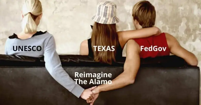 Meme of three people on a couch labeled UNESCO, Texas and FedGov, captioned 'Reimagine The Alamo.'