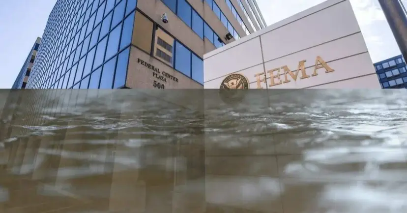 The FEMA sign and Federal Center Plaza building shown above a layer of rippling floodwater.