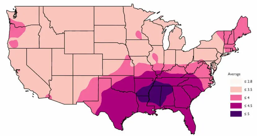 Map of the continental states shaded from light pink to deep purple, darkest across the Deep South and East Texas.