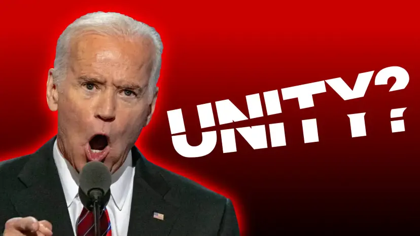 An older man shouting into a microphone beside the word Unity with a question mark