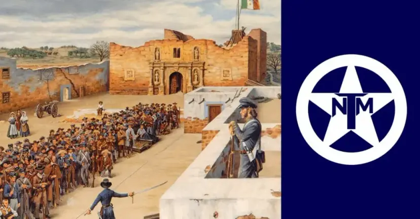Painting of soldiers assembled at the Alamo mission beside the TNM star logo on a navy field.