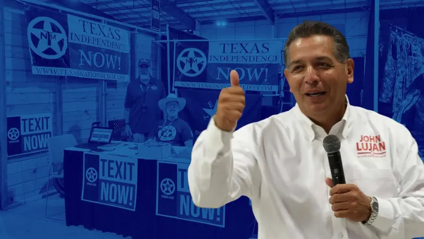 State Representative John Lujan gives a thumbs up beside a Texas Independence Now booth display.