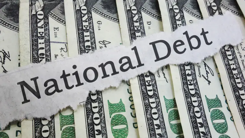 A torn paper strip reading 'National Debt' laid across a spread of hundred dollar bills.