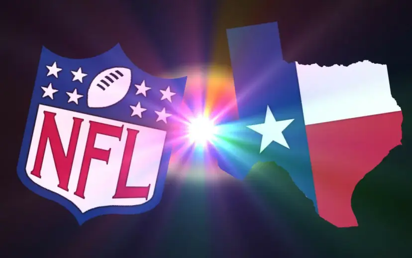 NFL shield logo facing a map of Texas in Texas flag colors, with a bright burst of light between them.