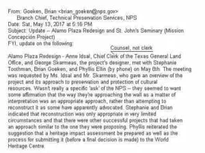 Screenshot of a National Park Service email about the Alamo Plaza redesign and a World Heritage Centre review.