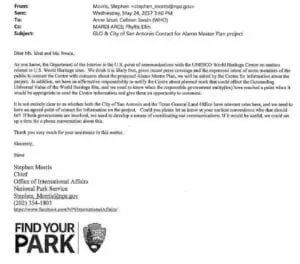 Scanned letter from the National Park Service Office of International Affairs about the Alamo Master Plan.