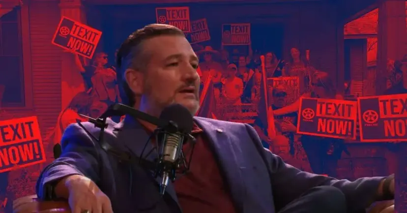 Ted Cruz speaks into a podcast microphone over a red backdrop of 'TEXIT Now!' signs.