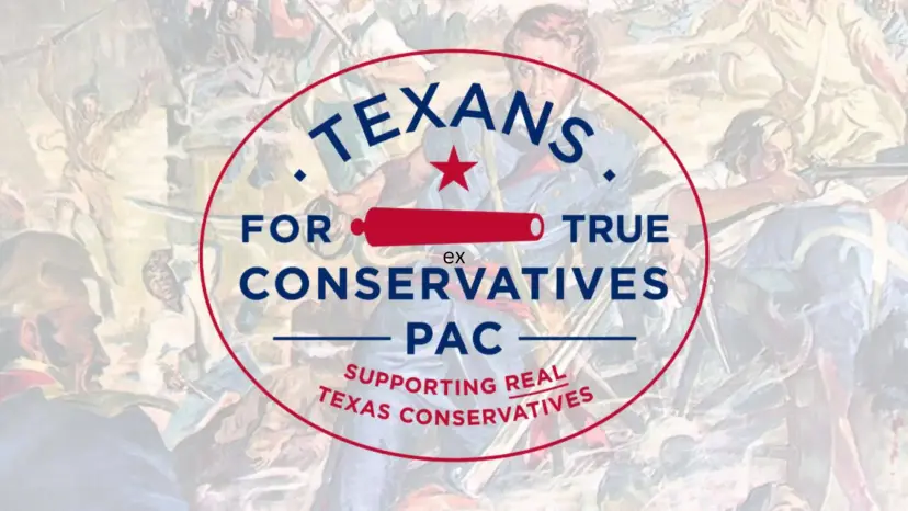 Texans for True Conservatives PAC logo over a faded painting of a battle scene