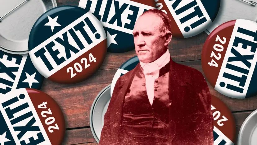 A portrait of a man in a nineteenth century coat surrounded by TEXIT 2024 campaign buttons