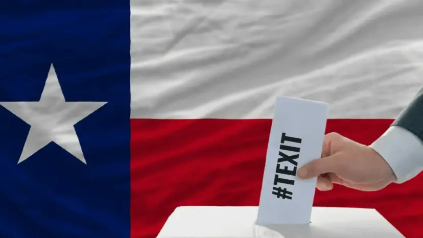 A hand drops a ballot marked with the TEXIT hashtag into a ballot box in front of a Texas flag.