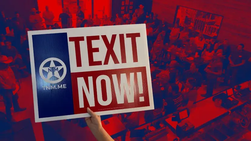 A hand holds up a red, white and blue TEXIT Now! yard sign above a crowded meeting hall.