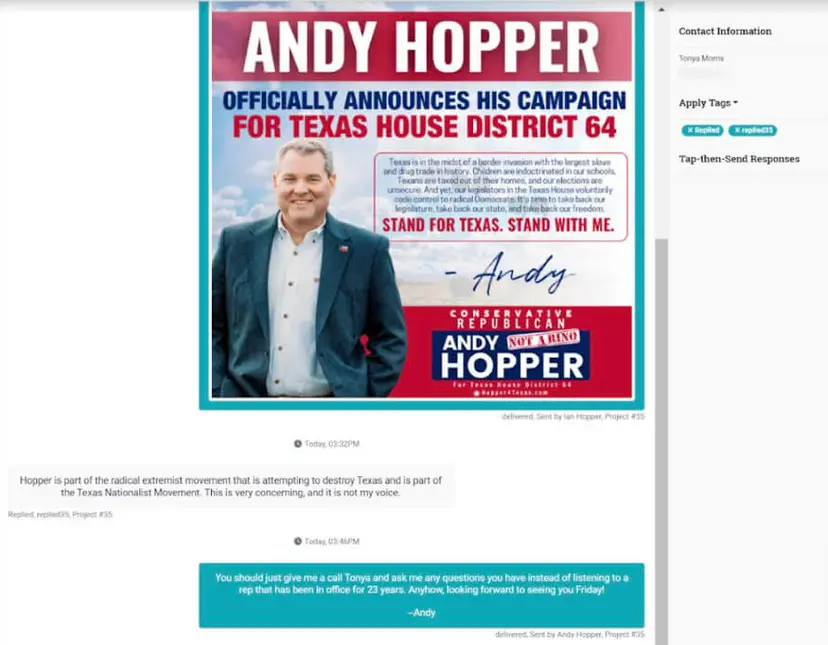 Andy Hopper campaign mailer for Texas House District 64 above a text message exchange with a constituent
