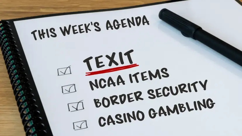 Notebook page titled 'This Week's Agenda' checking off TEXIT, NCAA items, border security and casino gambling