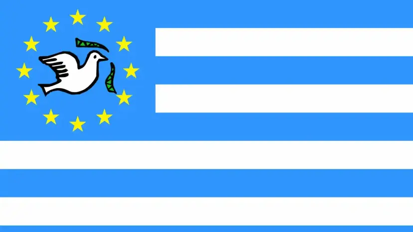 Blue and white striped flag with a white dove inside a ring of gold stars.