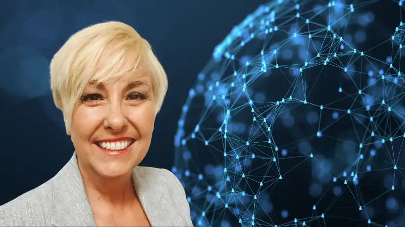Lori Breunig, a smiling woman with short blond hair, in front of a glowing blue network globe.