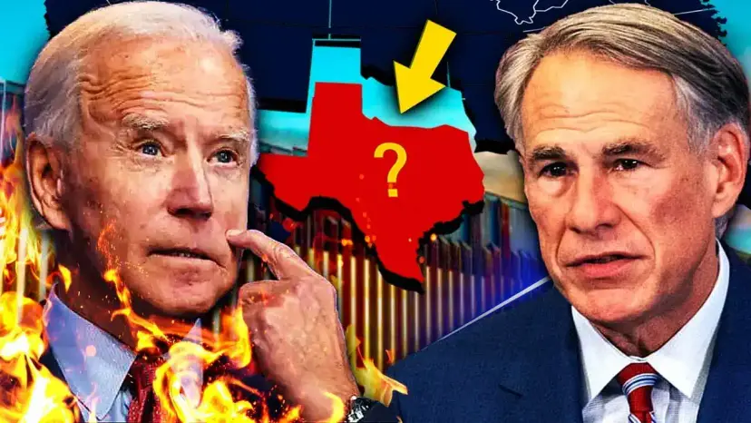 Two older men in suits flank a red Texas map marked with a question mark and a yellow arrow.