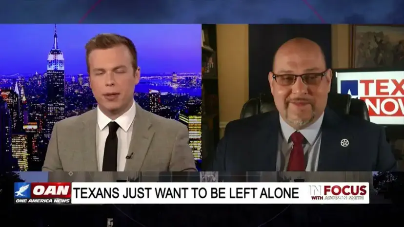 Addison Smith interviewing Daniel Miller on OAN's In Focus under the caption 'Texans just want to be left alone'