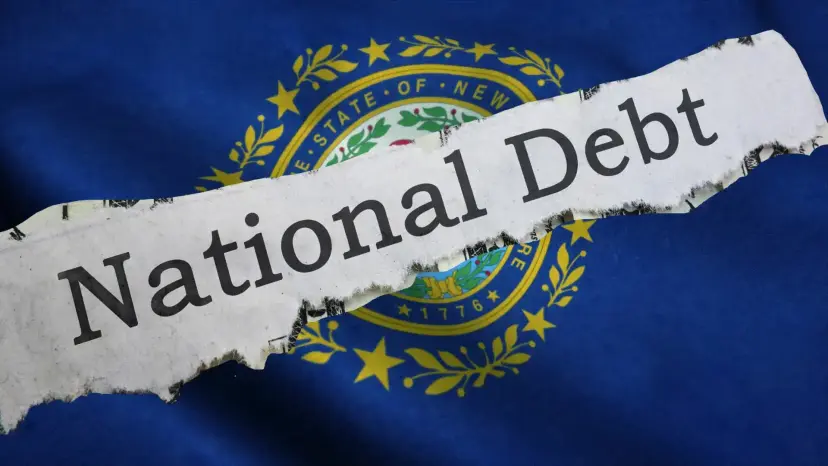 A torn paper strip reading 'National Debt' laid over the New Hampshire state flag.