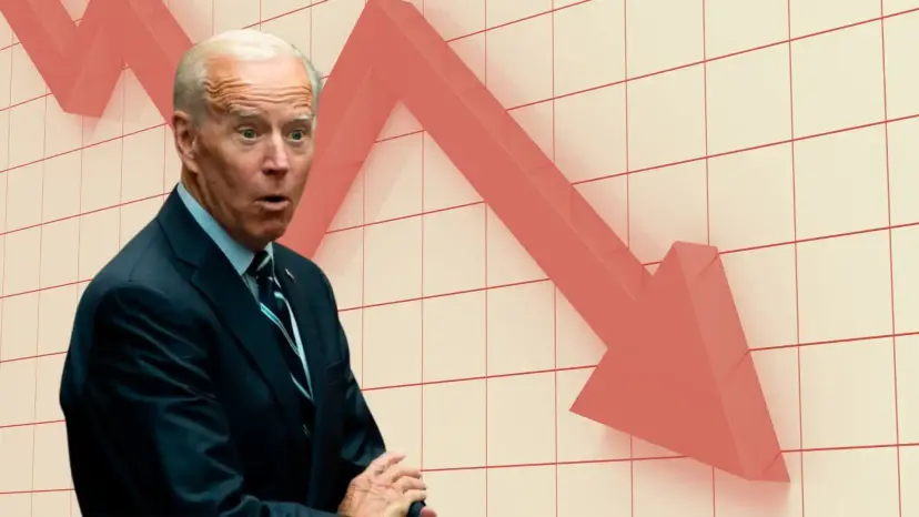 An older man in a suit looks surprised beside a red arrow falling across a line chart.
